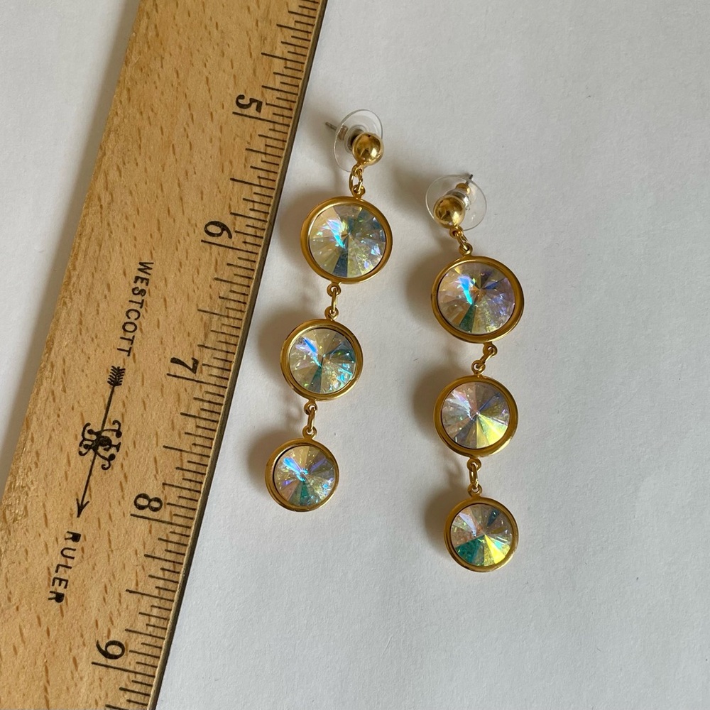 Vintage AB Cascading Rivoli Crystal And Goldtone Post Earrings - Picture 3 of 5